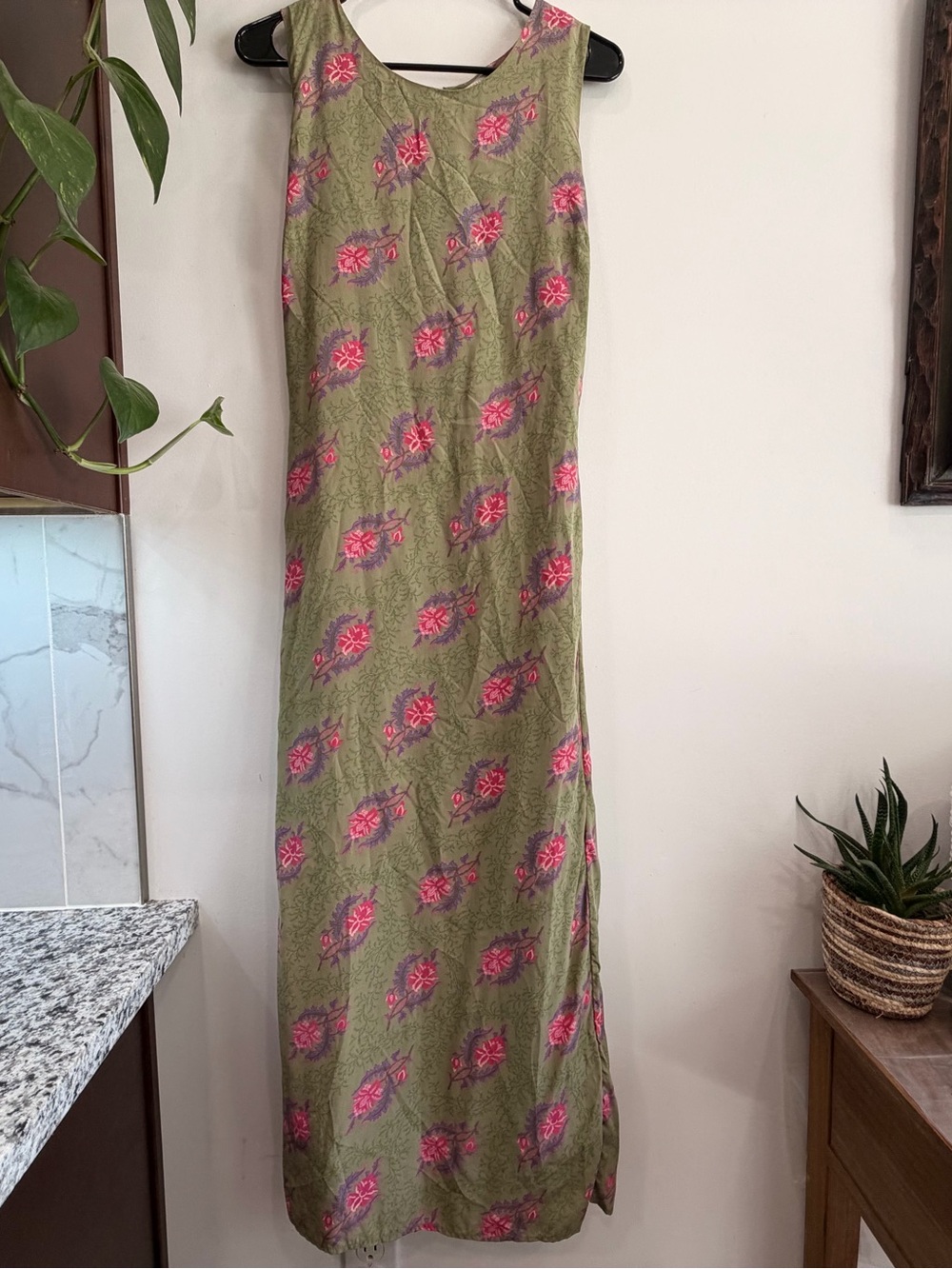 Y2K 100% Silk Whimsical Green Floral Dress Tie Back Detail Women’s Lg Fairycore